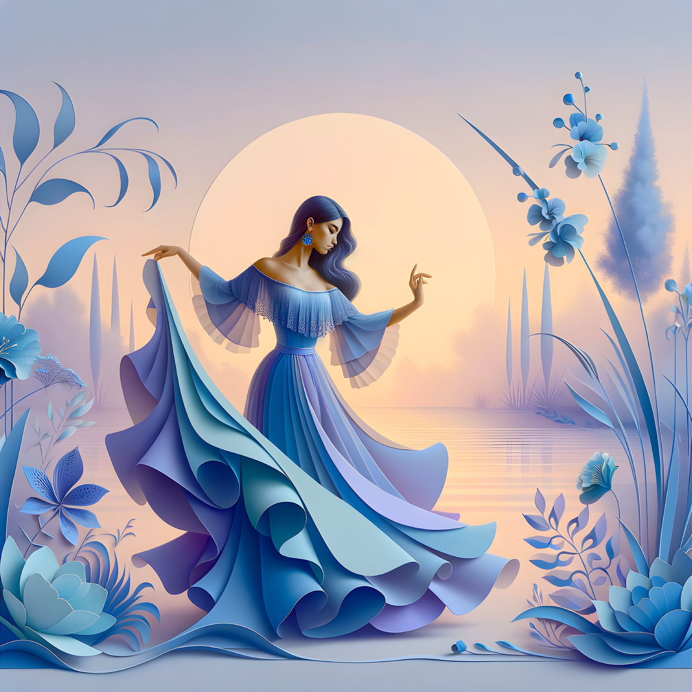 Elegant Dance in Flowing Blue and Purple Dress