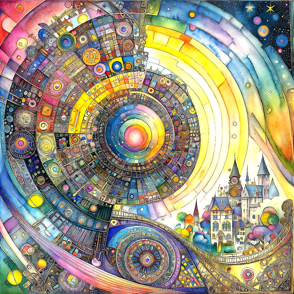 Vibrant Geometric Collage with Celestial Theme