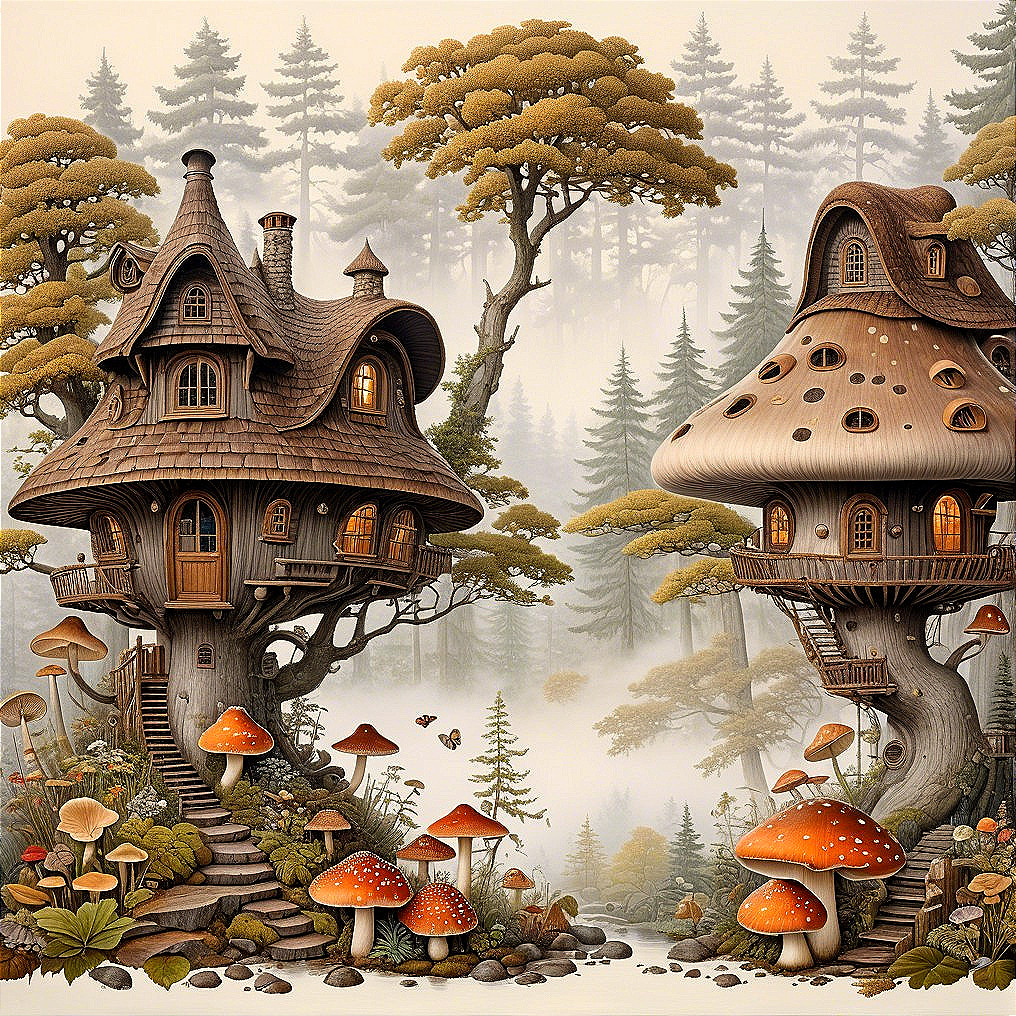 Whimsical Mushroom and Tree Trunk Houses in Forest