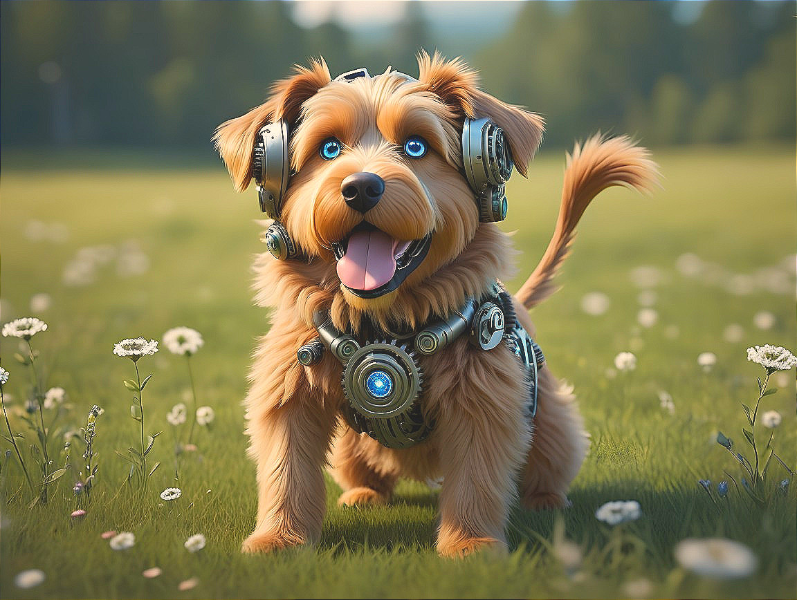 Fluffy Dog in Meadow with Futuristic Headphones