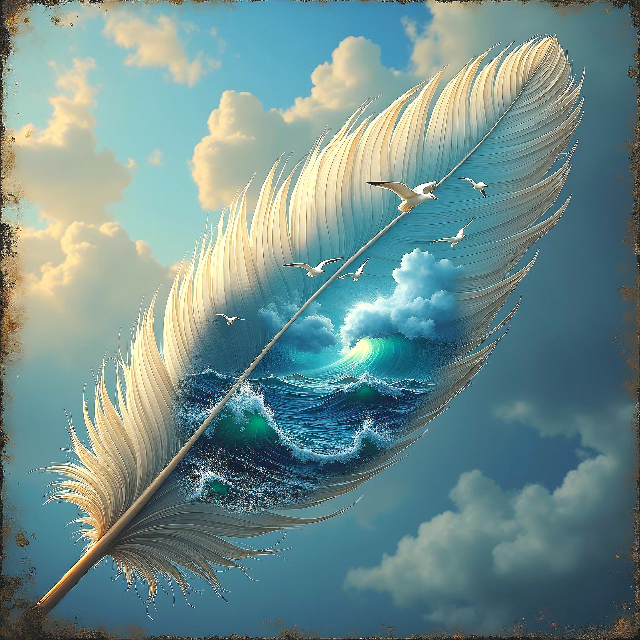 Majestic Feather with Seascape Against Serene Sky