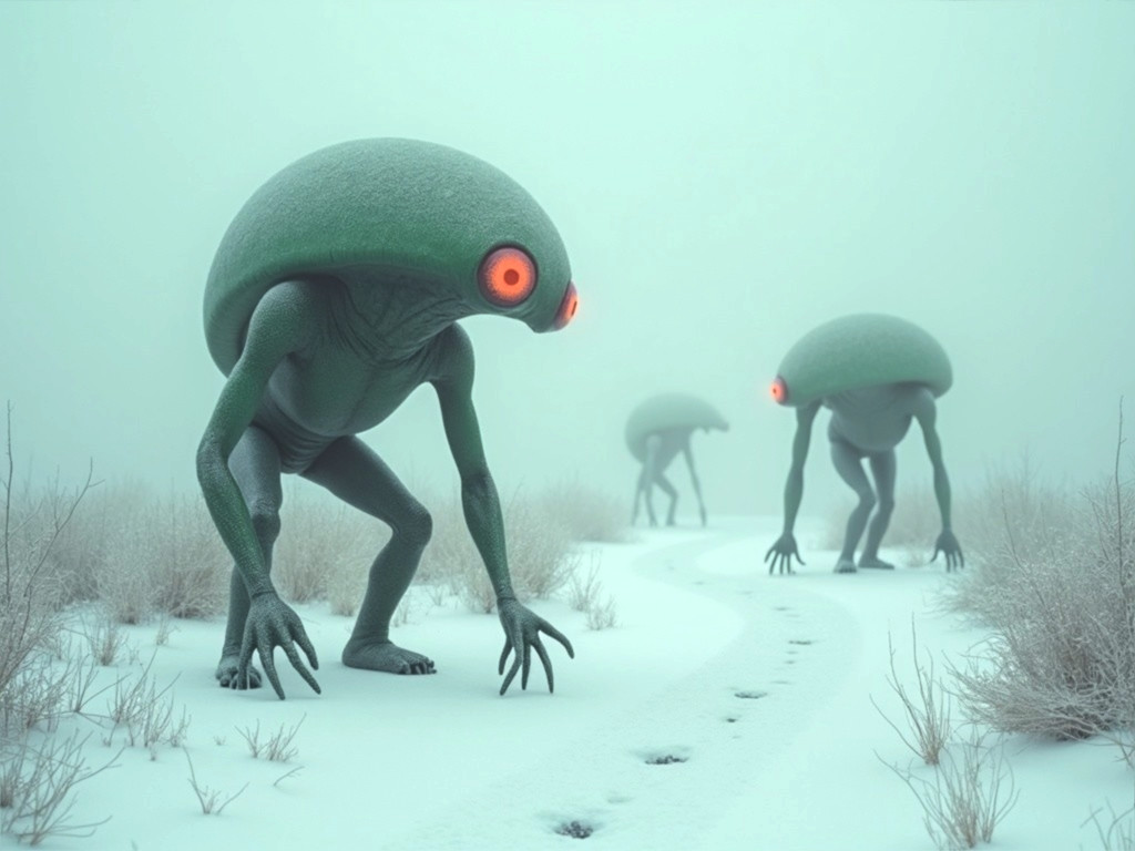 Surreal Creatures in a Foggy Snow-Covered Landscape