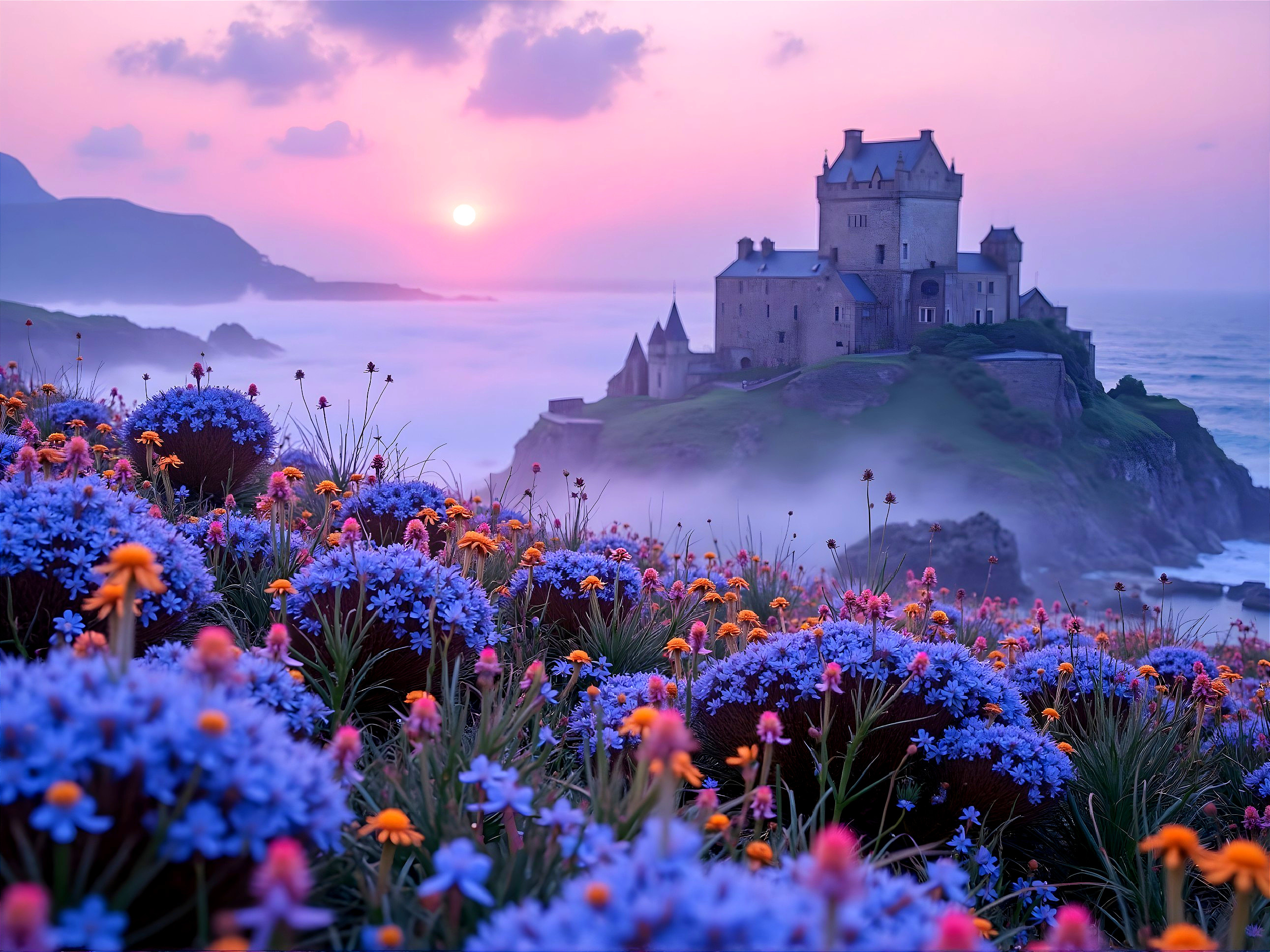 Castle on Cliff with Ocean View at Sunset