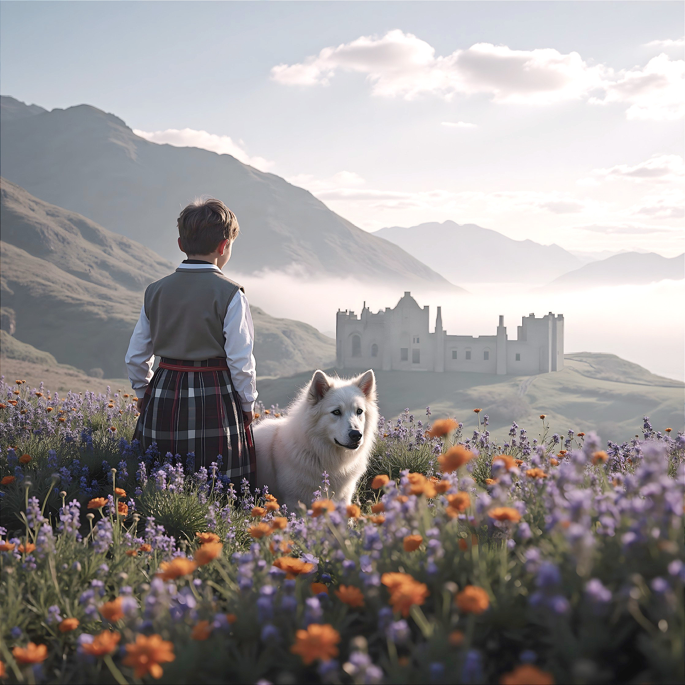 Young Boy in Traditional Attire in Flower Field