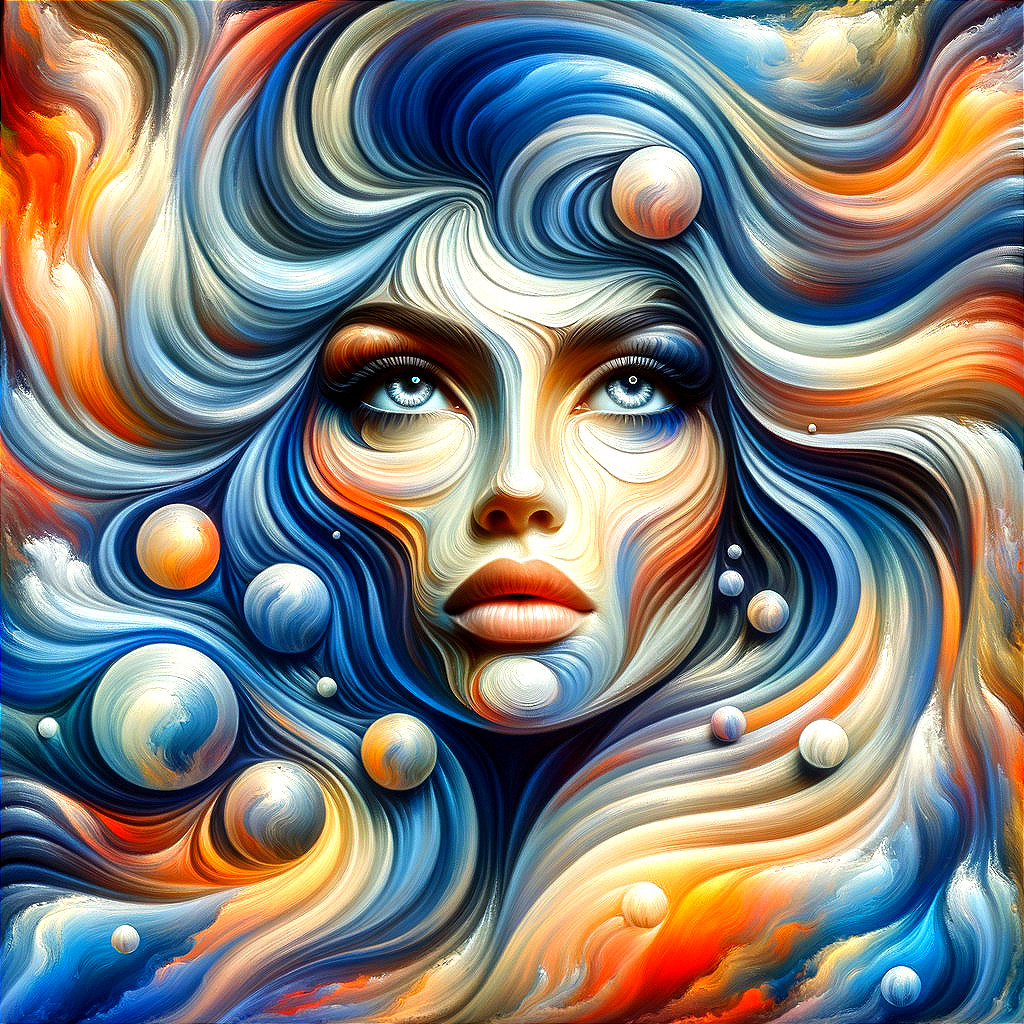 Abstract Woman's Face with Colorful Swirls and Orbs