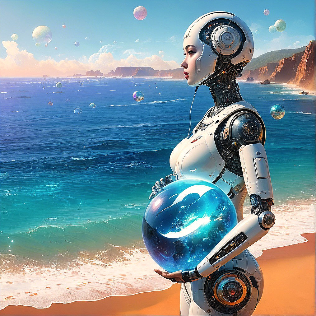 Futuristic Female Robot on Beach with Galaxy Orb