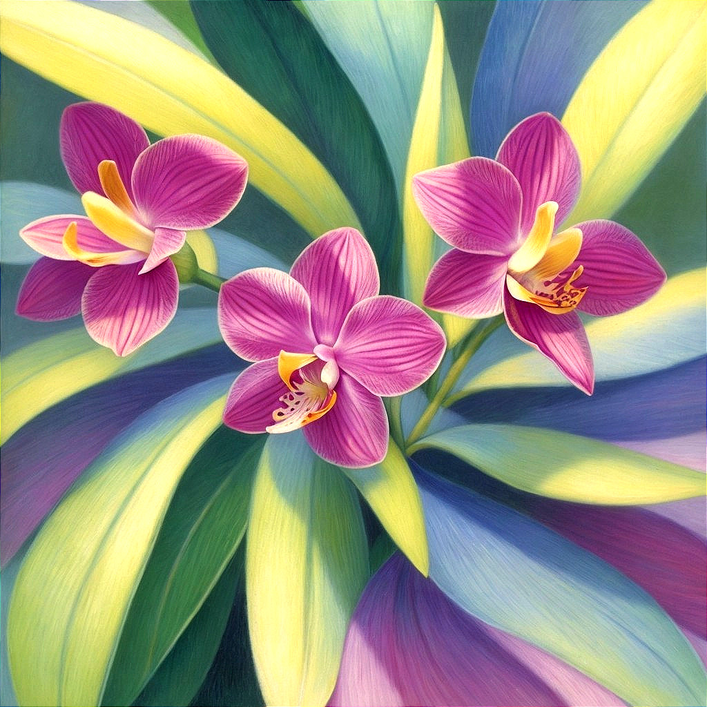 Vibrant Purple Orchids with Yellow Accents and Greenery