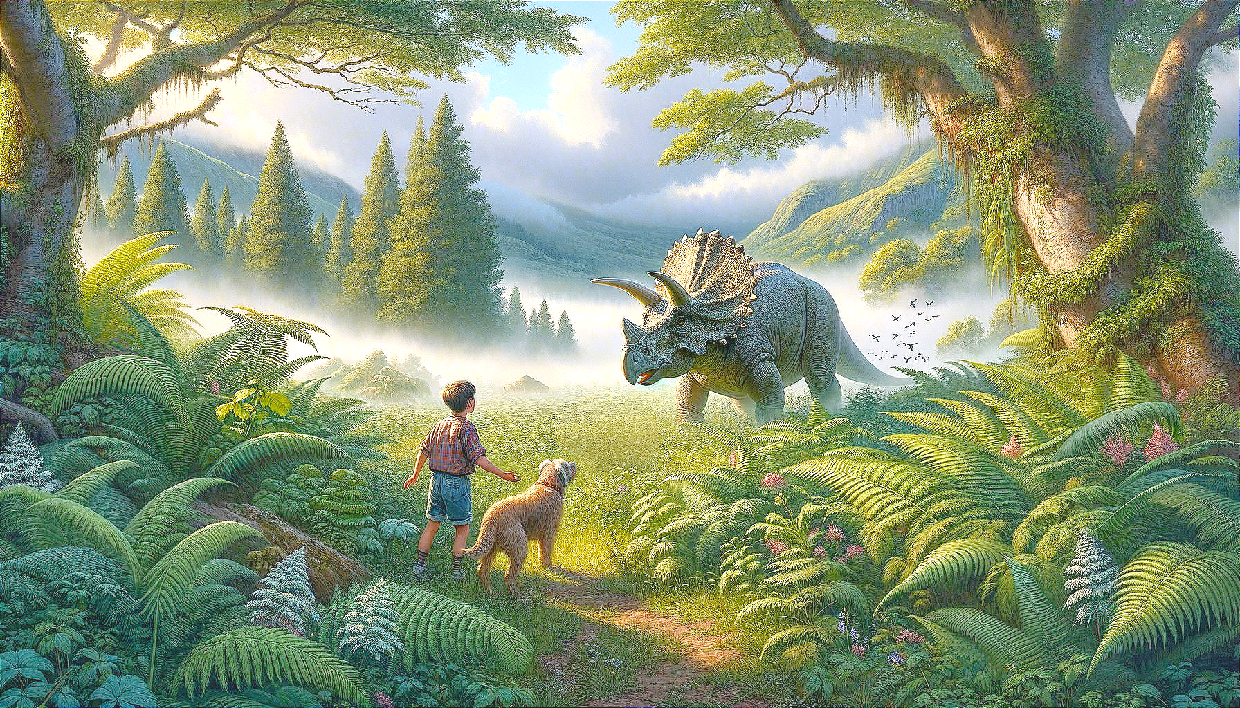 Boy and Dog Admire Triceratops in Misty Landscape