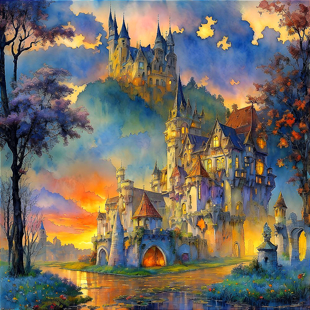 Majestic castle in vibrant sunset with lush foliage and tranquil river