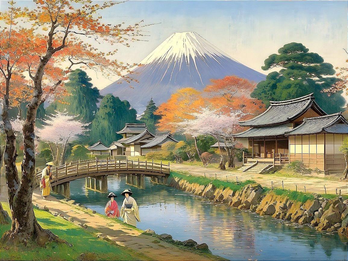 Tranquil River and Cherry Blossoms with Mount Fuji