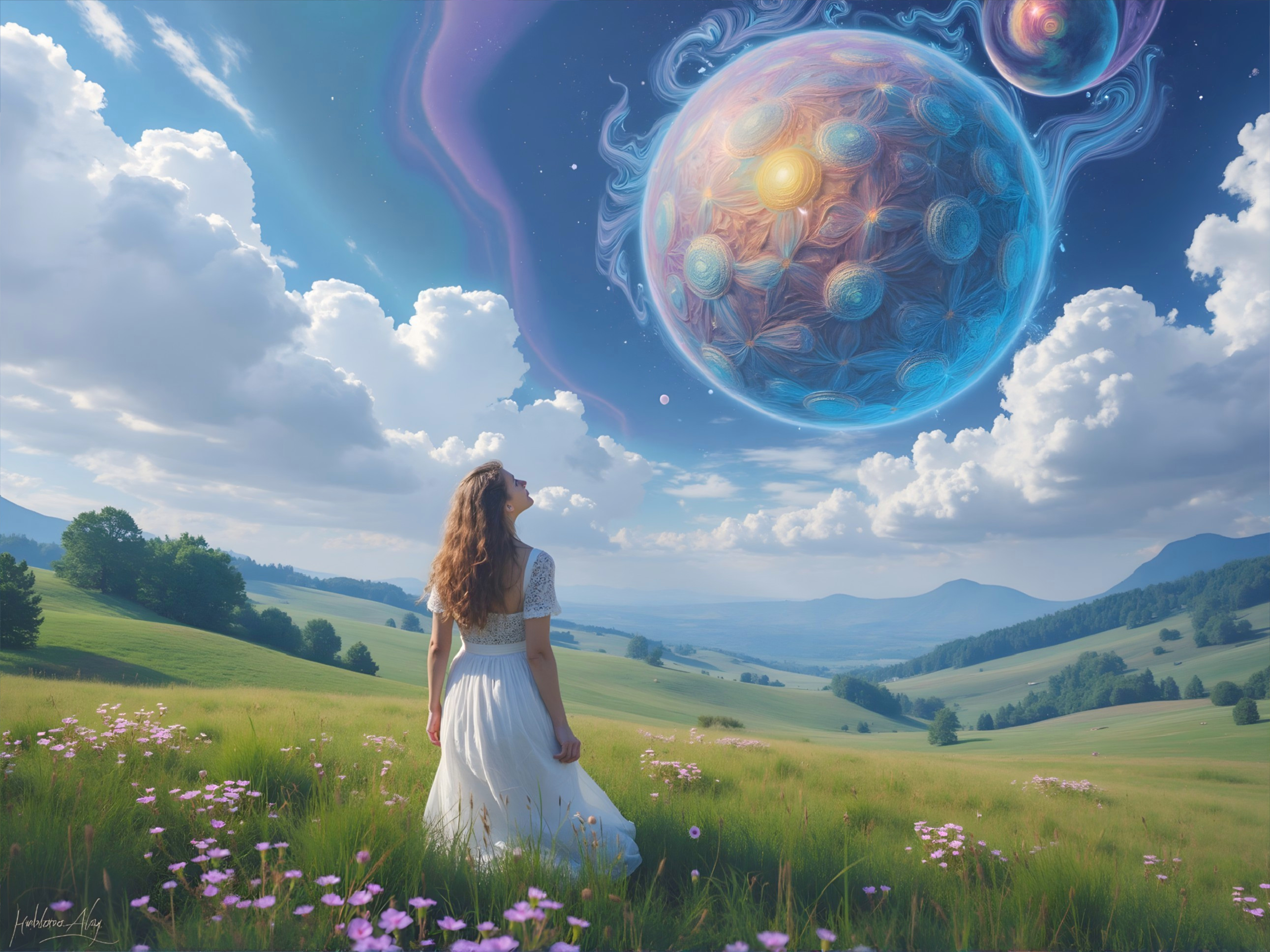 Young woman in a wildflower meadow under cosmic sky