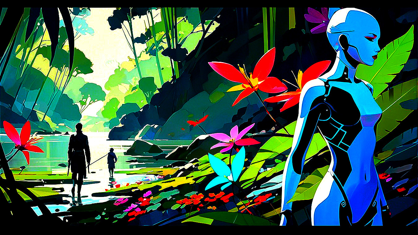 Humanoid Robot by Serene Riverbank in Futuristic Landscape