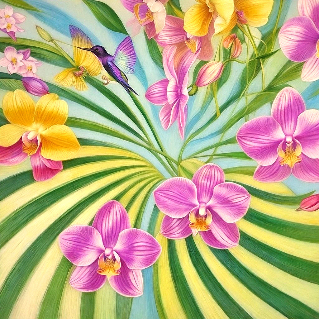 Vibrant Botanical Scene with Orchids and Hummingbird