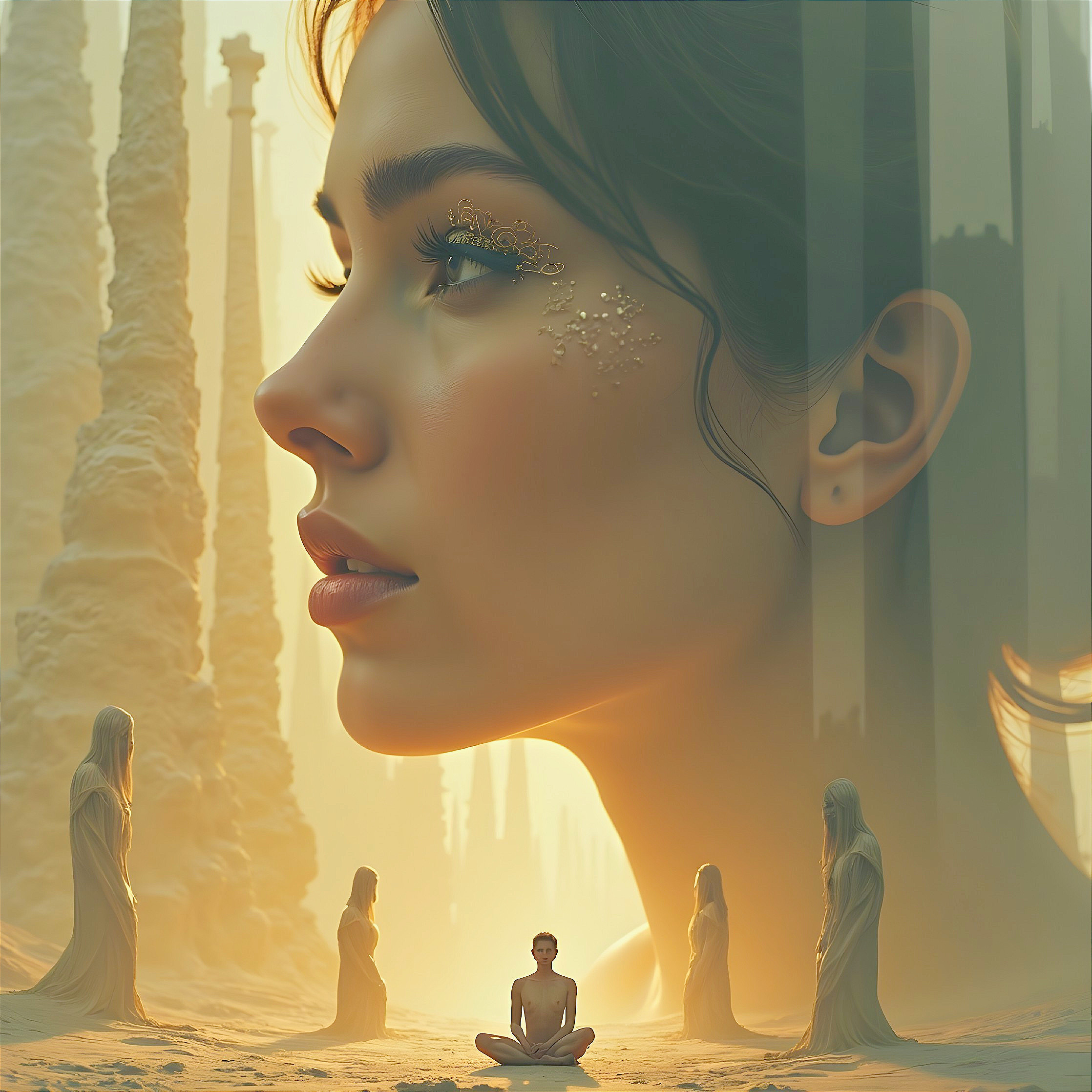 Serene profile of a woman in a mystical landscape
