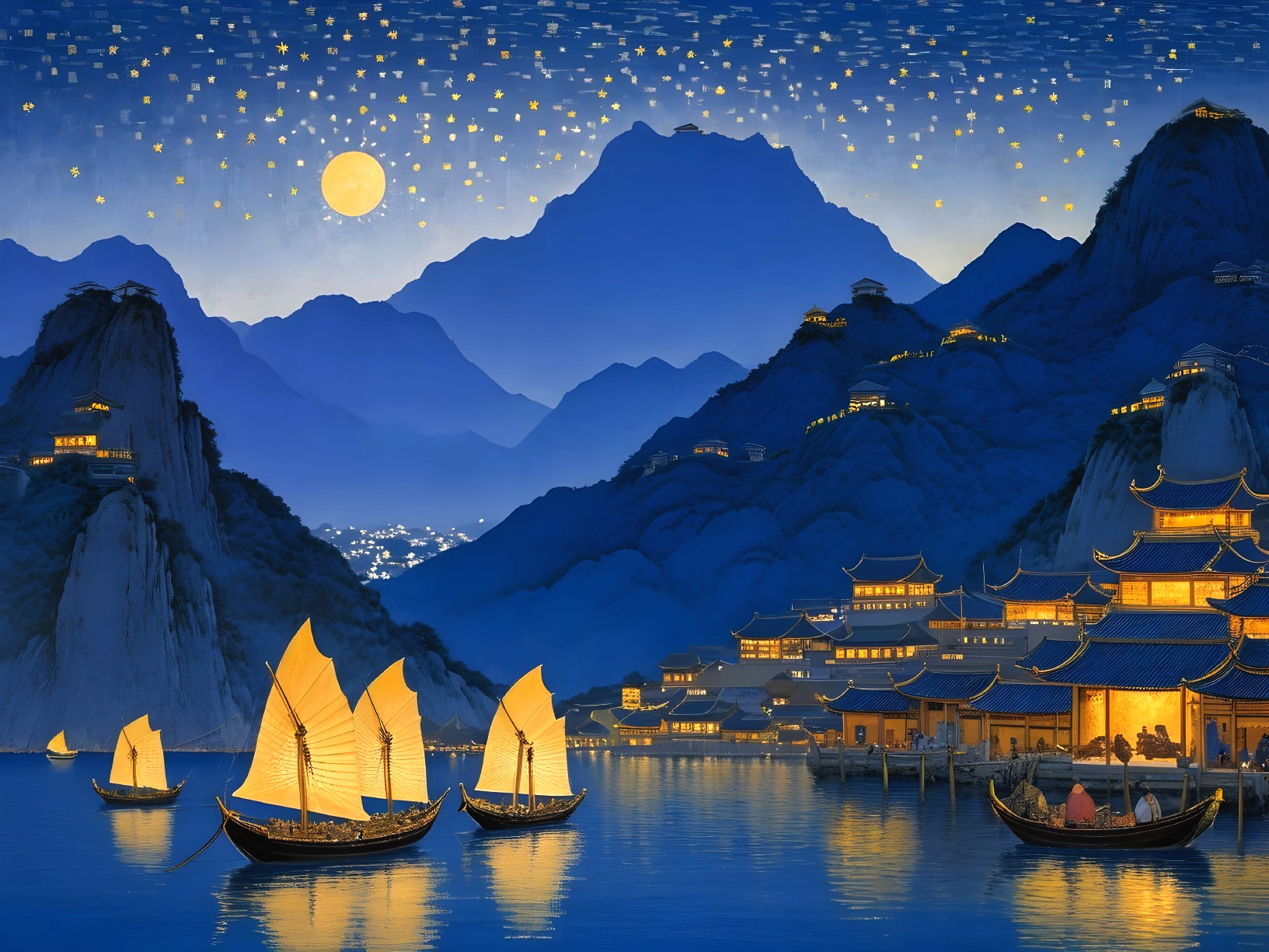 Nighttime Scene of a Chinese Village by Water