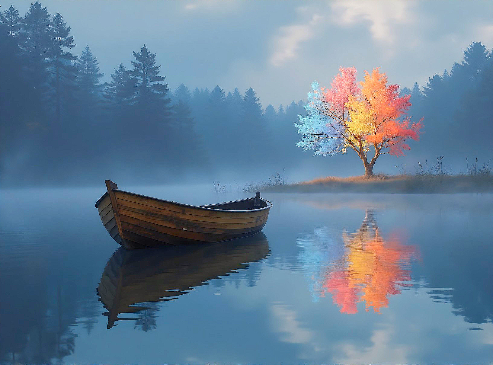 Serene lake landscape with autumn tree and boat