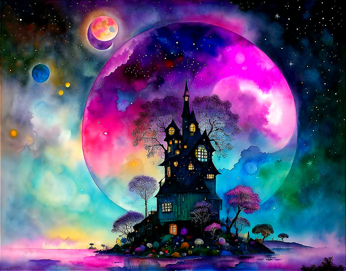 Vibrant fantasy artwork: old house on hill, colorful trees, large moon, floating planets,