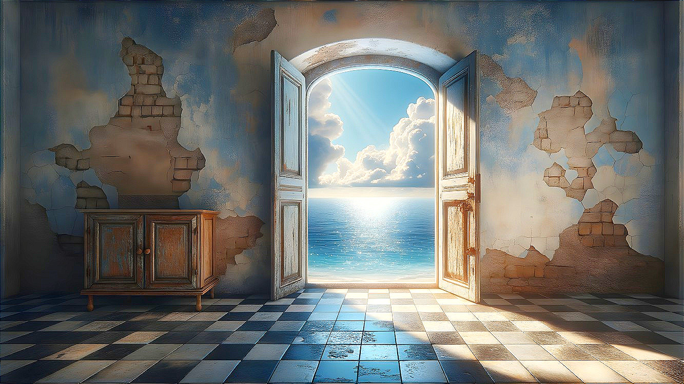 Open Double Door with Seascape and Antique Decor