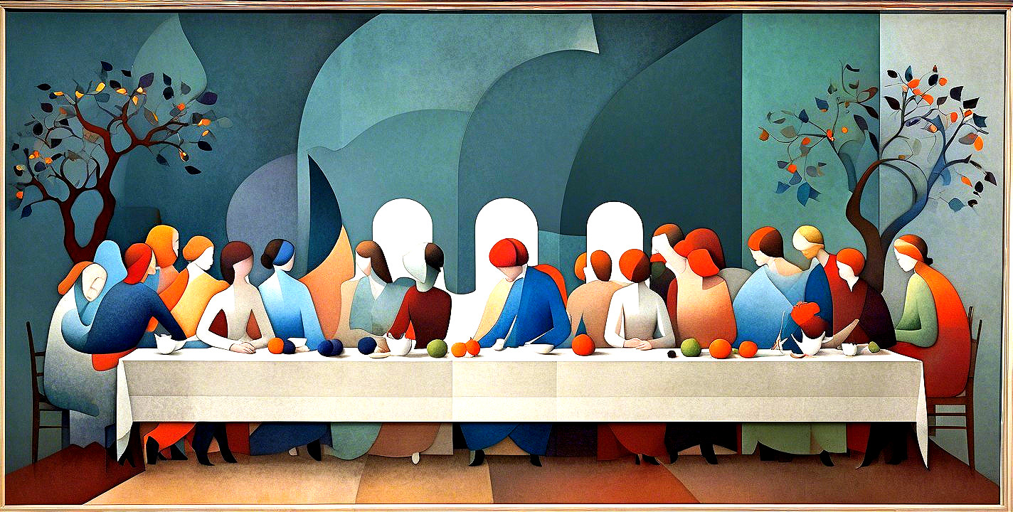 Modern Abstract Last Supper with Bold Colors and Figures