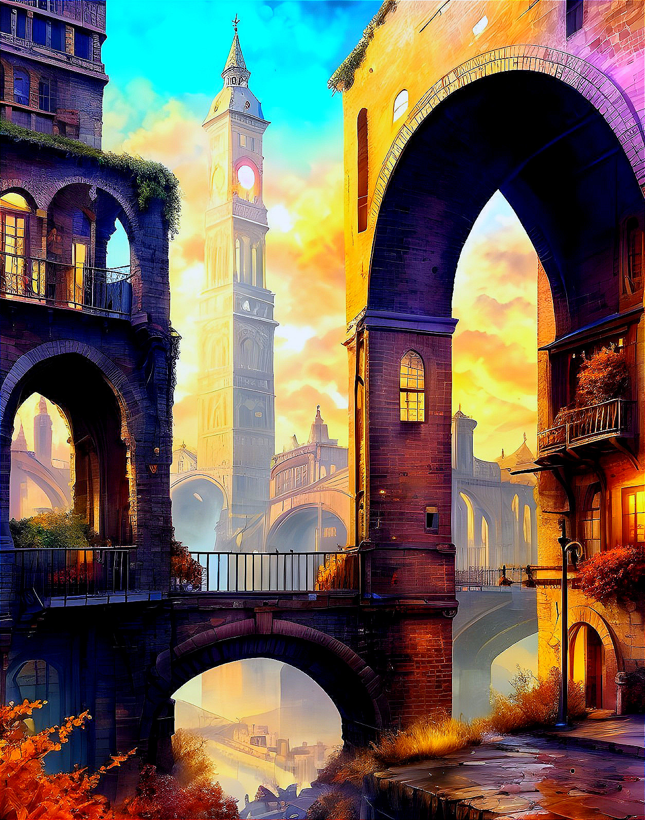 Fantastical cityscape with clock tower, bridges, and sunset glow
