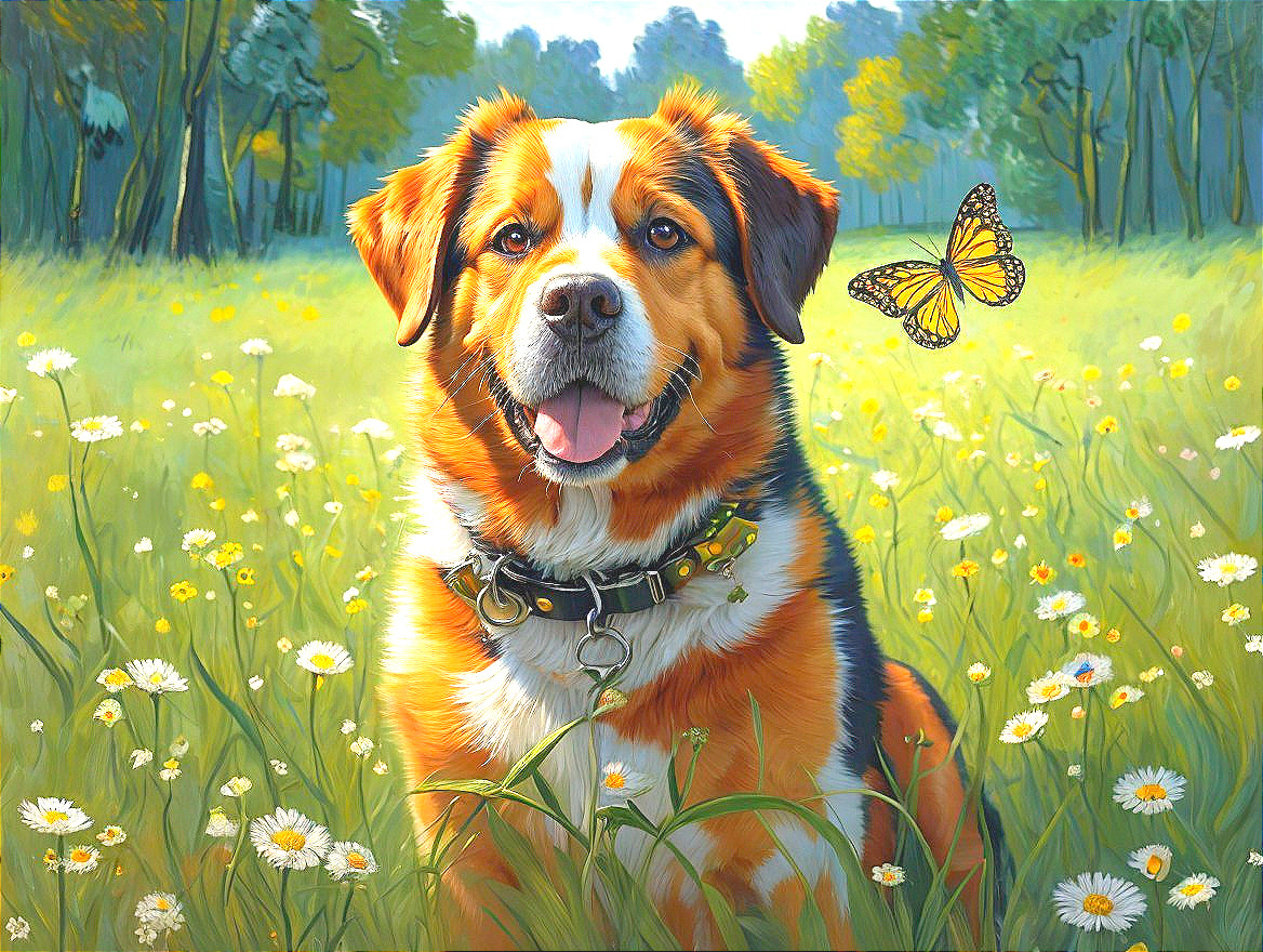 Cheerful Dog in Vibrant Wildflower Field Scene