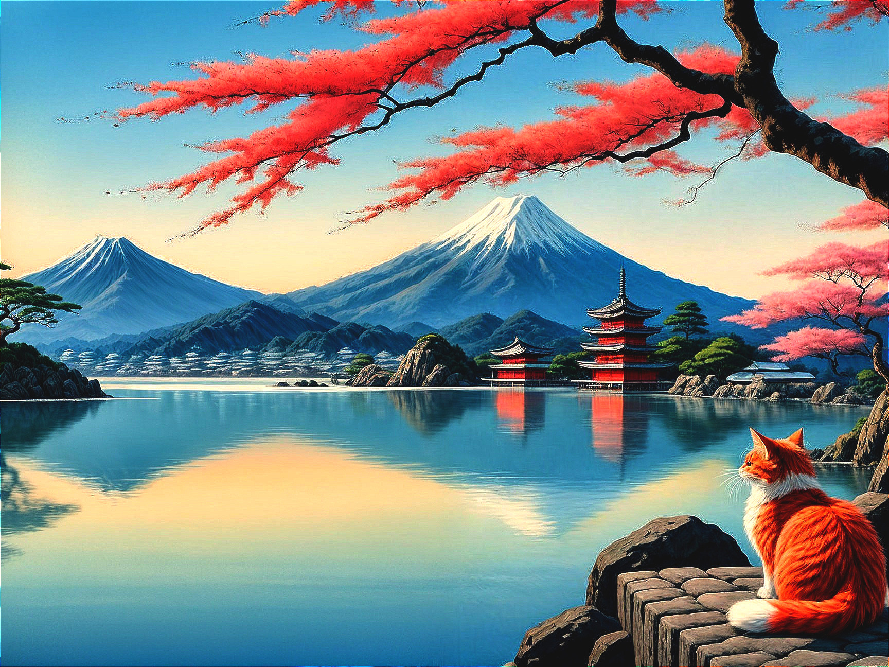 Cherry Blossoms and Mountains by a Tranquil Lake