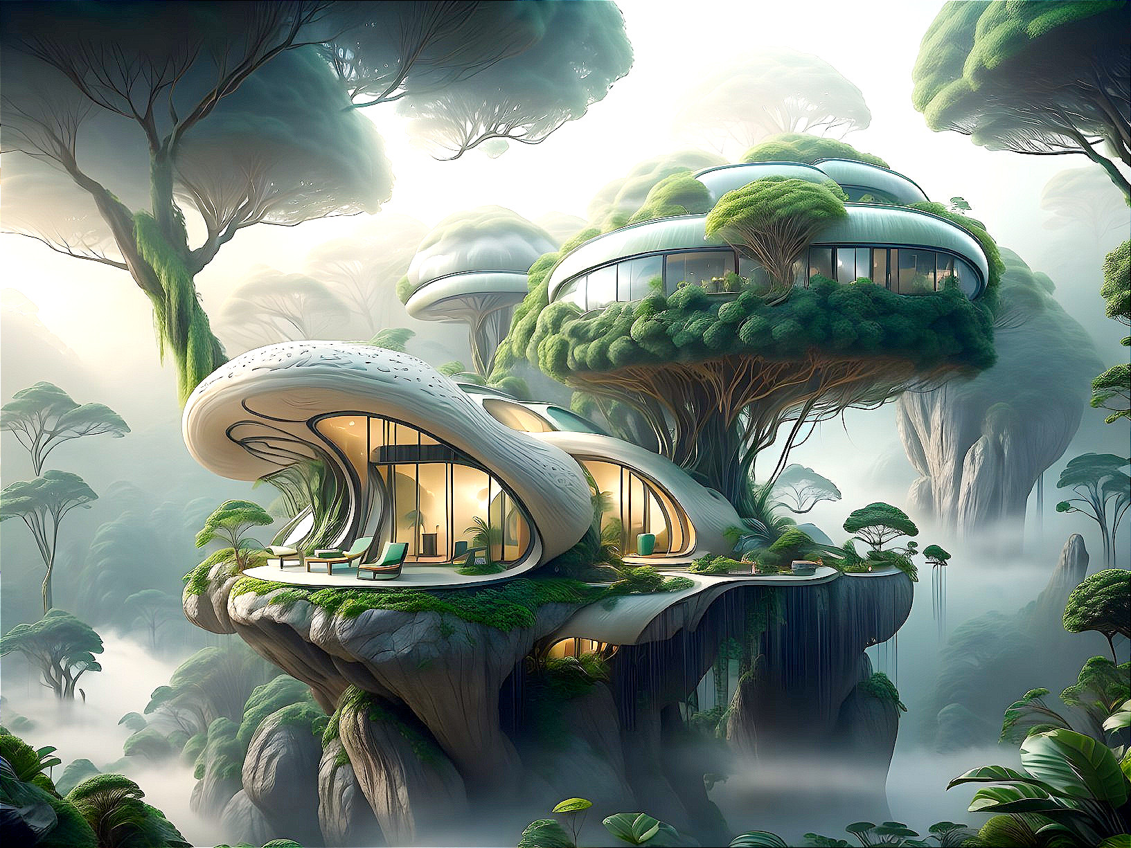 Futuristic eco-house design in a mystical forest setting