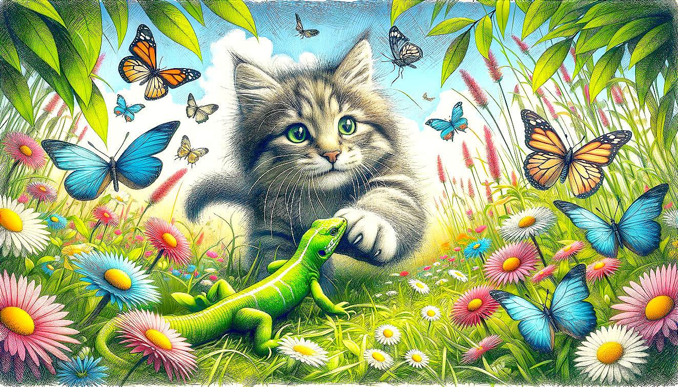 Grey Kitten and Green Lizard in Vibrant Meadow Scene