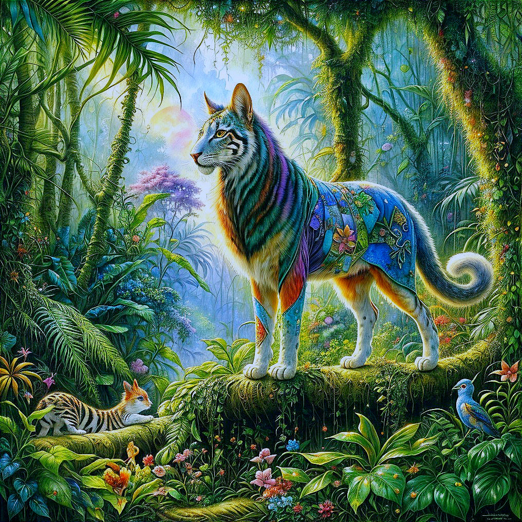 Colorful Jungle Scene with Majestic Patterned Cat in Lush Environment