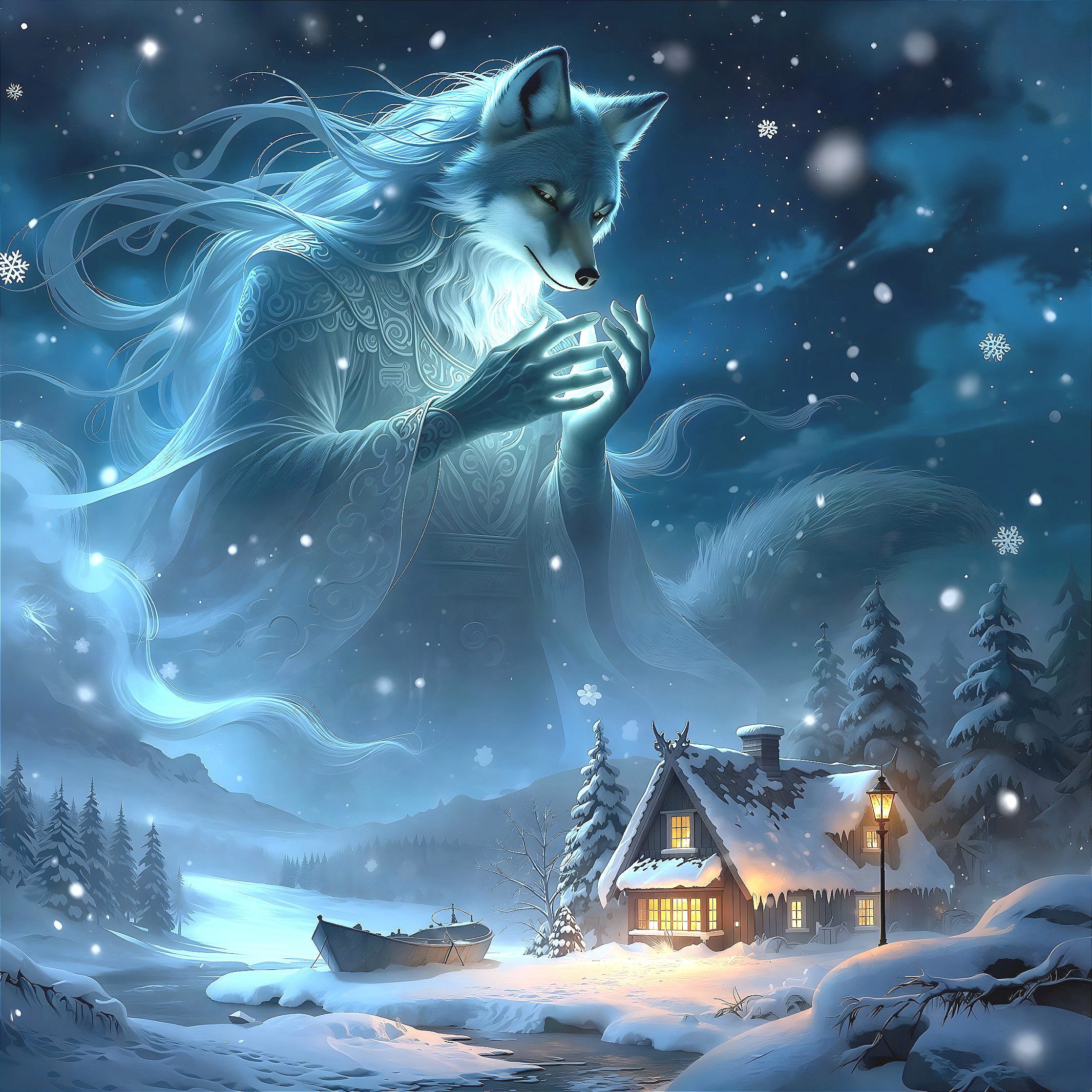 Celestial Arctic Fox Spirit Above Snowy Village Scene