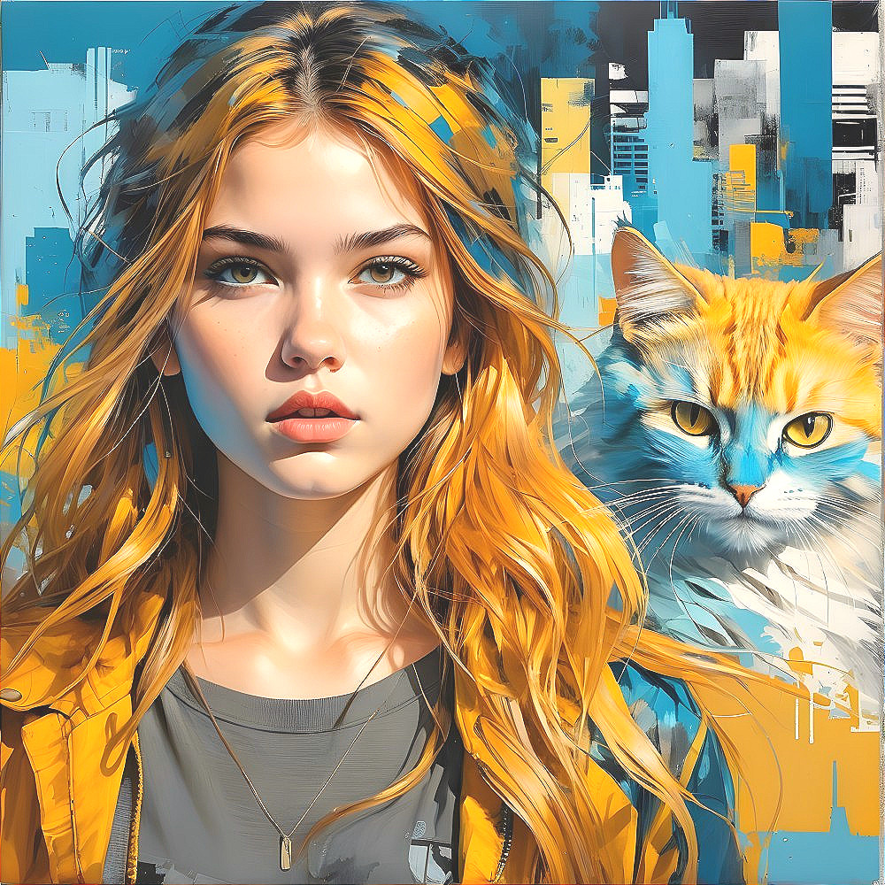 Young woman with golden-blonde hair and vibrant jacket
