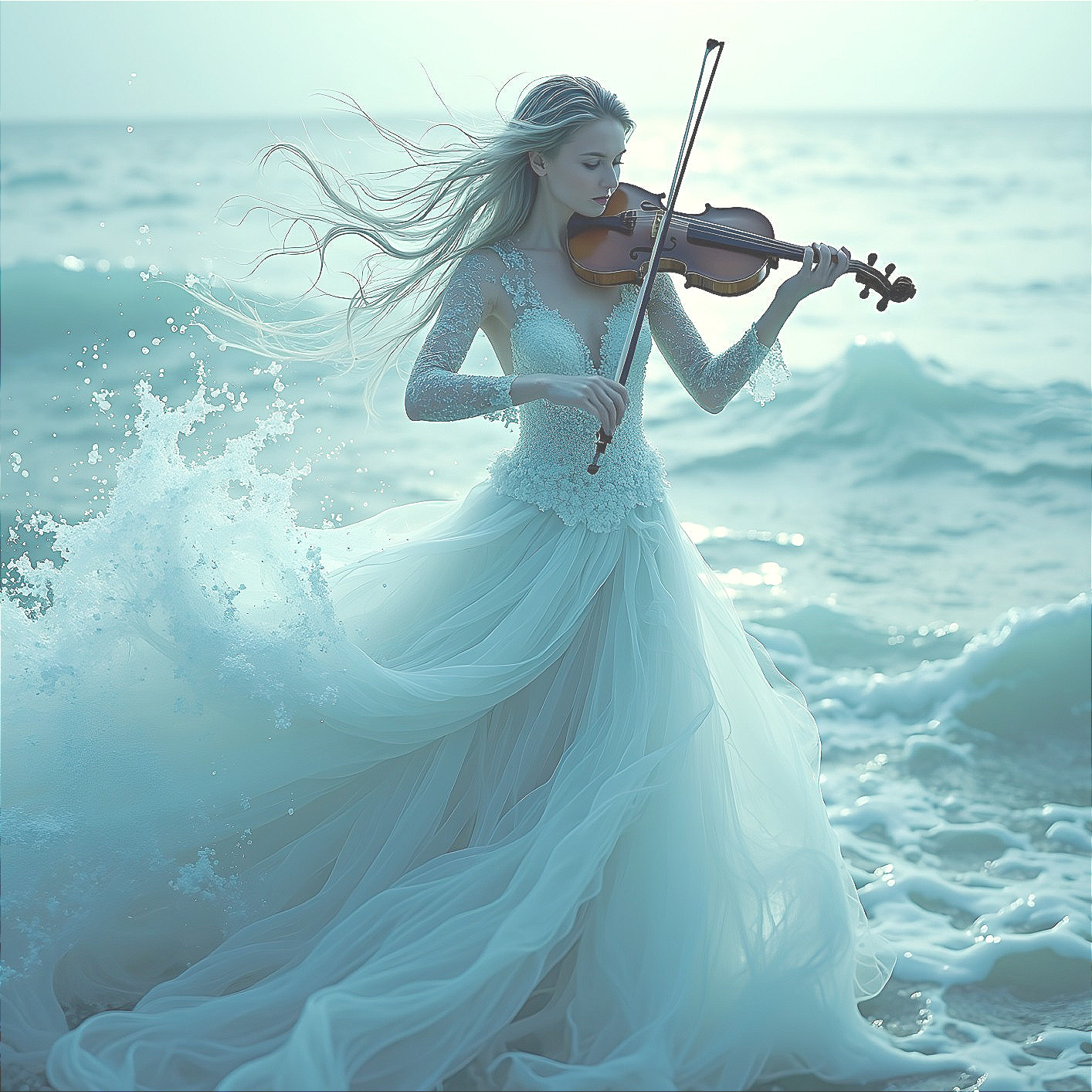 Woman in gown playing violin by the ocean waves