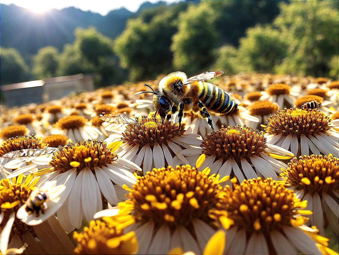 Close-up of Bees Gathering Nectar from Daisies