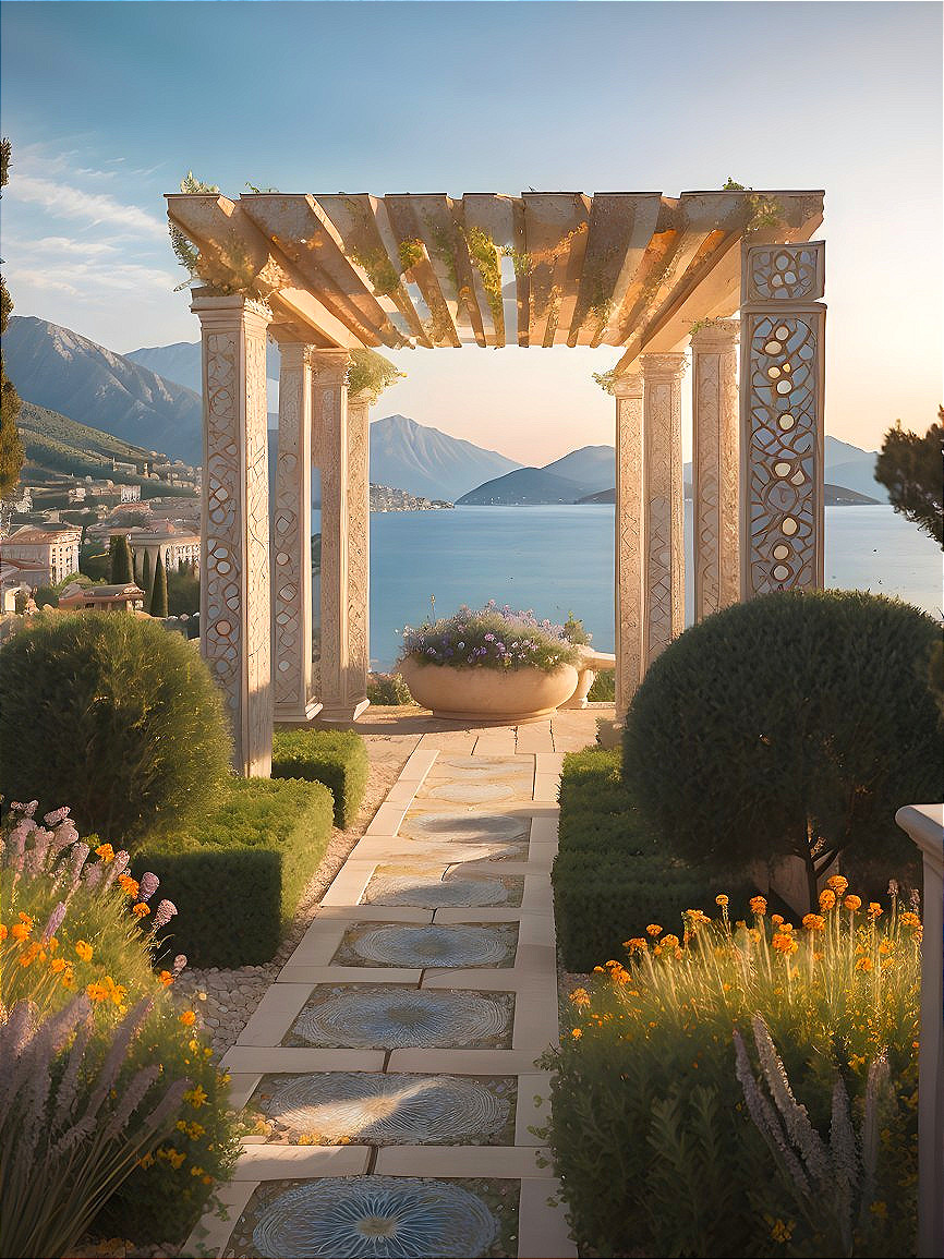 Serene Garden Pathway with Stone Columns and Views