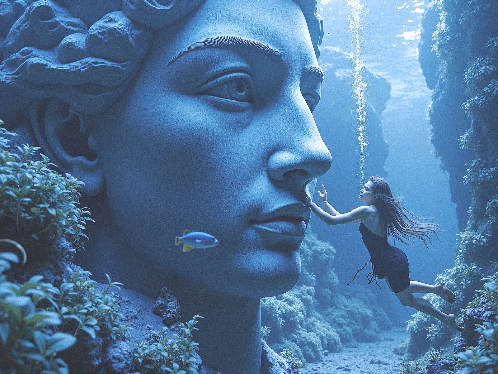 Underwater Scene with Statue, Swimmer, and Fish