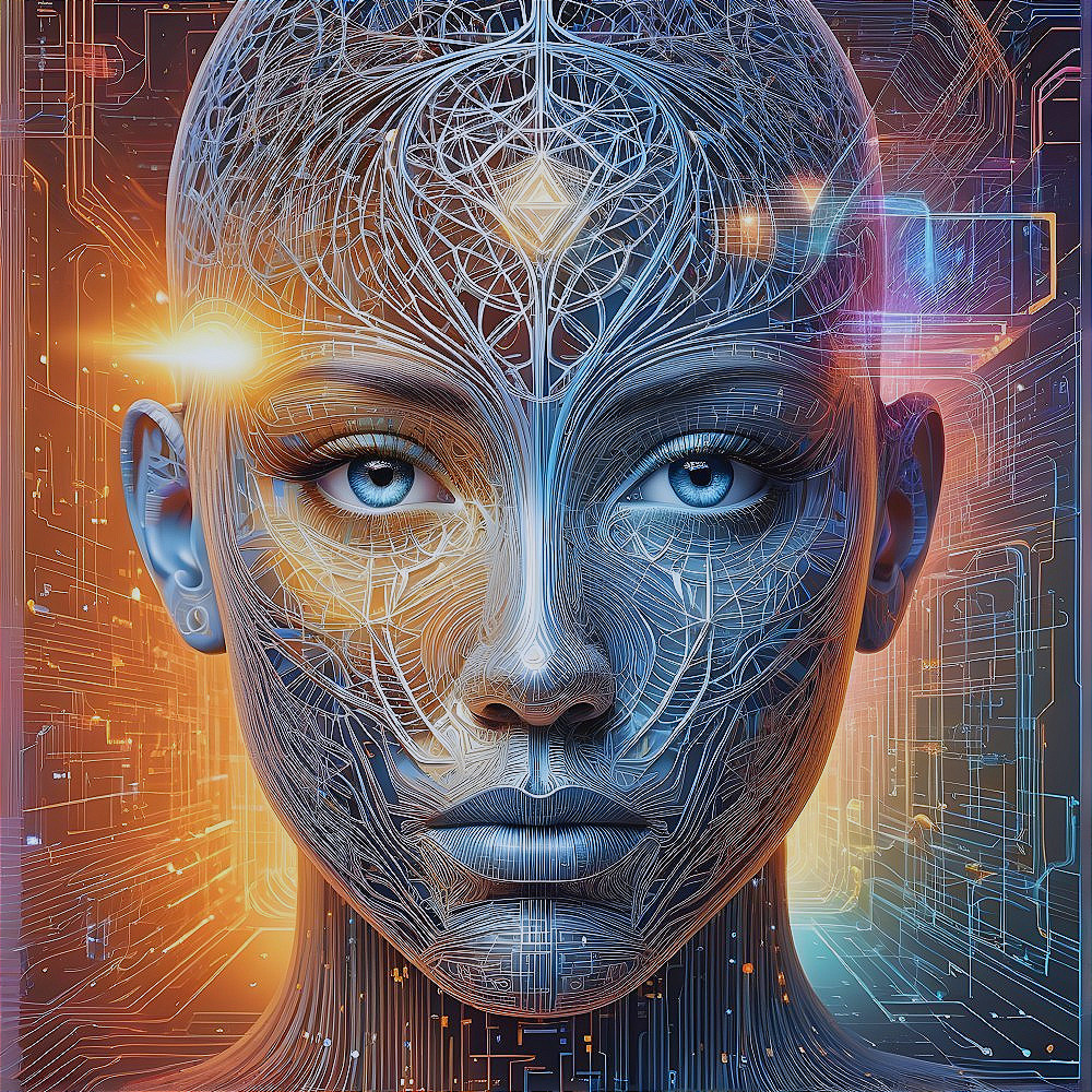 Futuristic humanoid face with glowing circuits and patterns