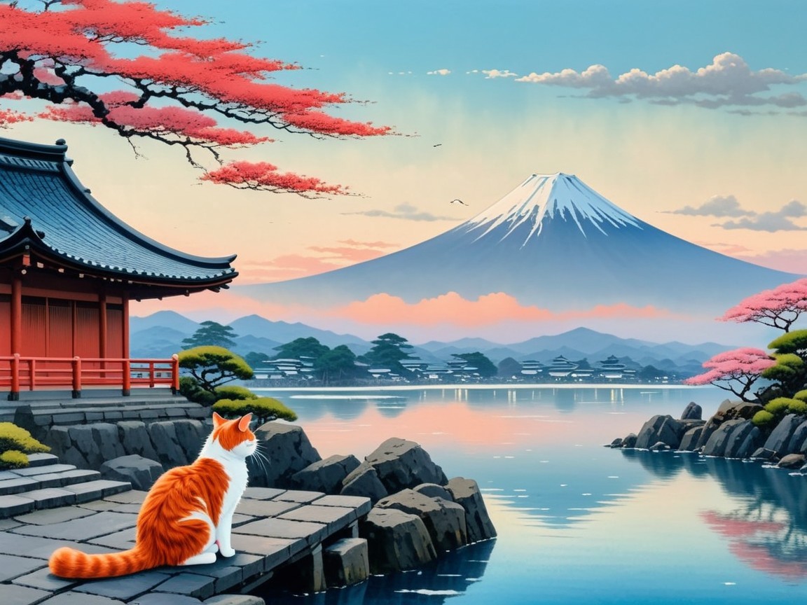 Tranquil Landscape with Mountain and Cherry Blossoms