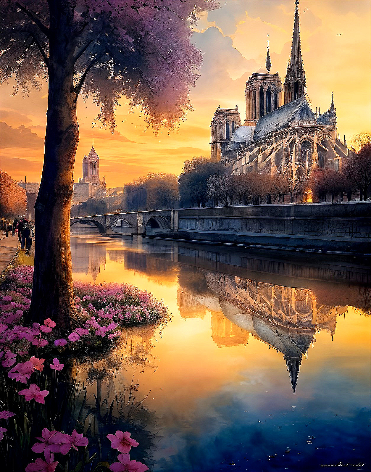 Scenic sunset river view with Notre Dame reflection and blooming pink flowers.