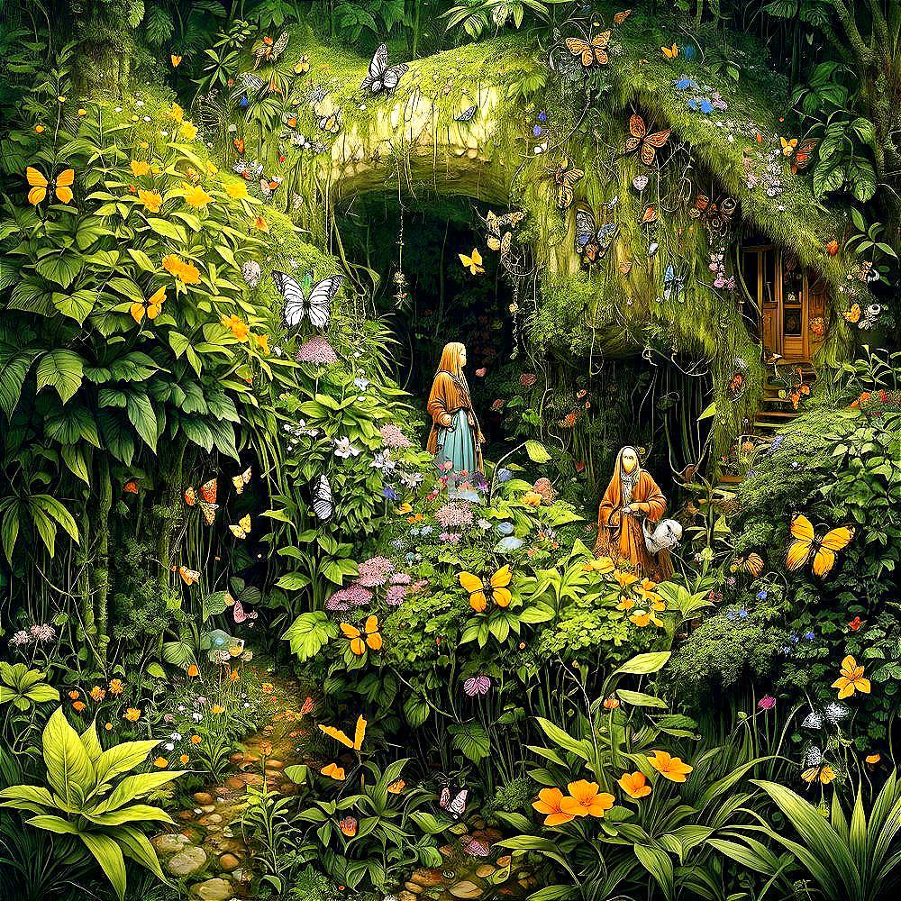 Lush garden with colorful flowers, butterflies, and archway scene