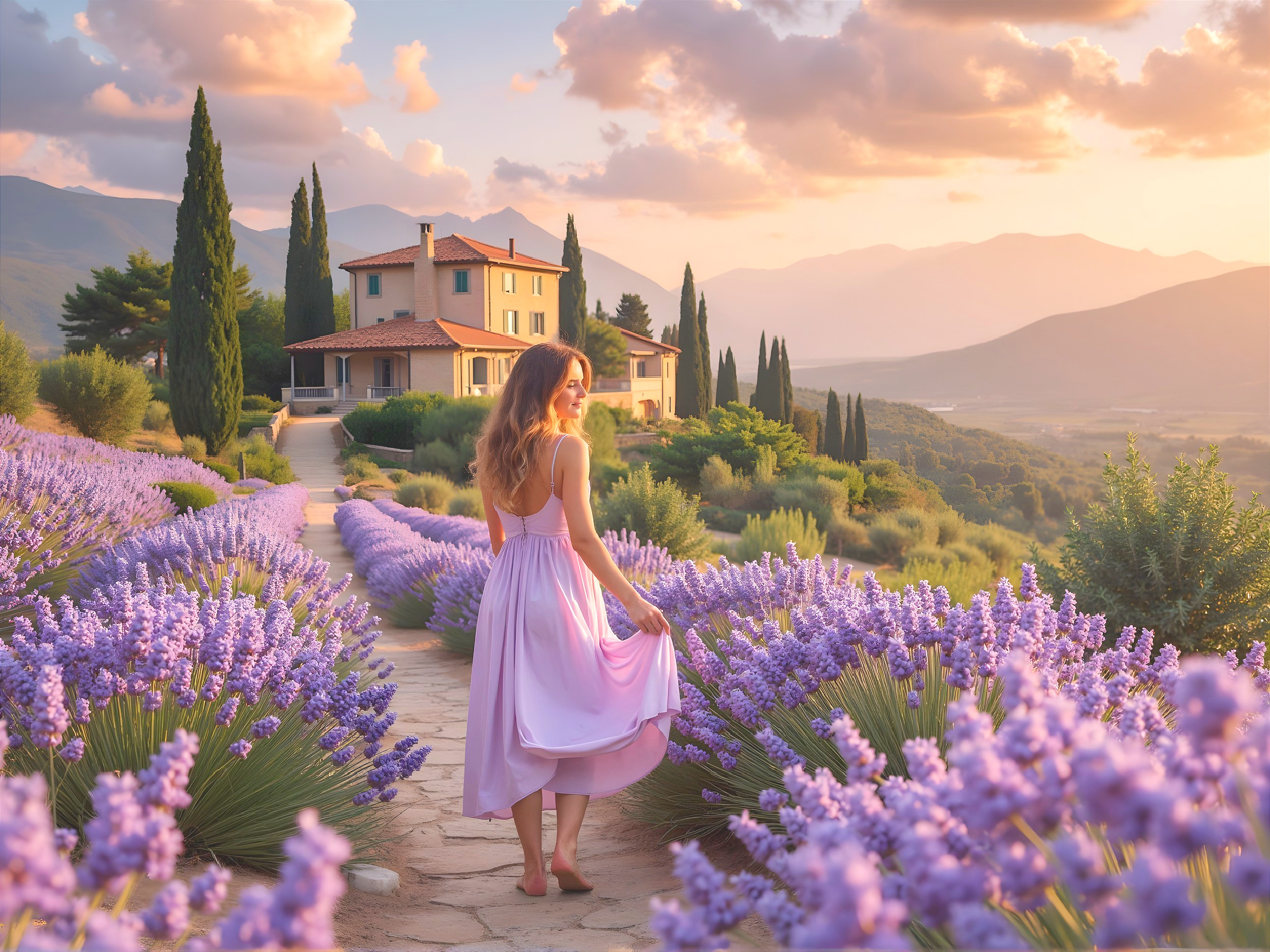 Serene Sunset with Woman in Pink Dress and Lavender