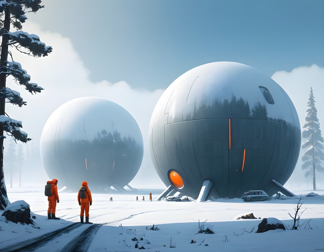 Futuristic Spherical Structures in Snowy Landscape