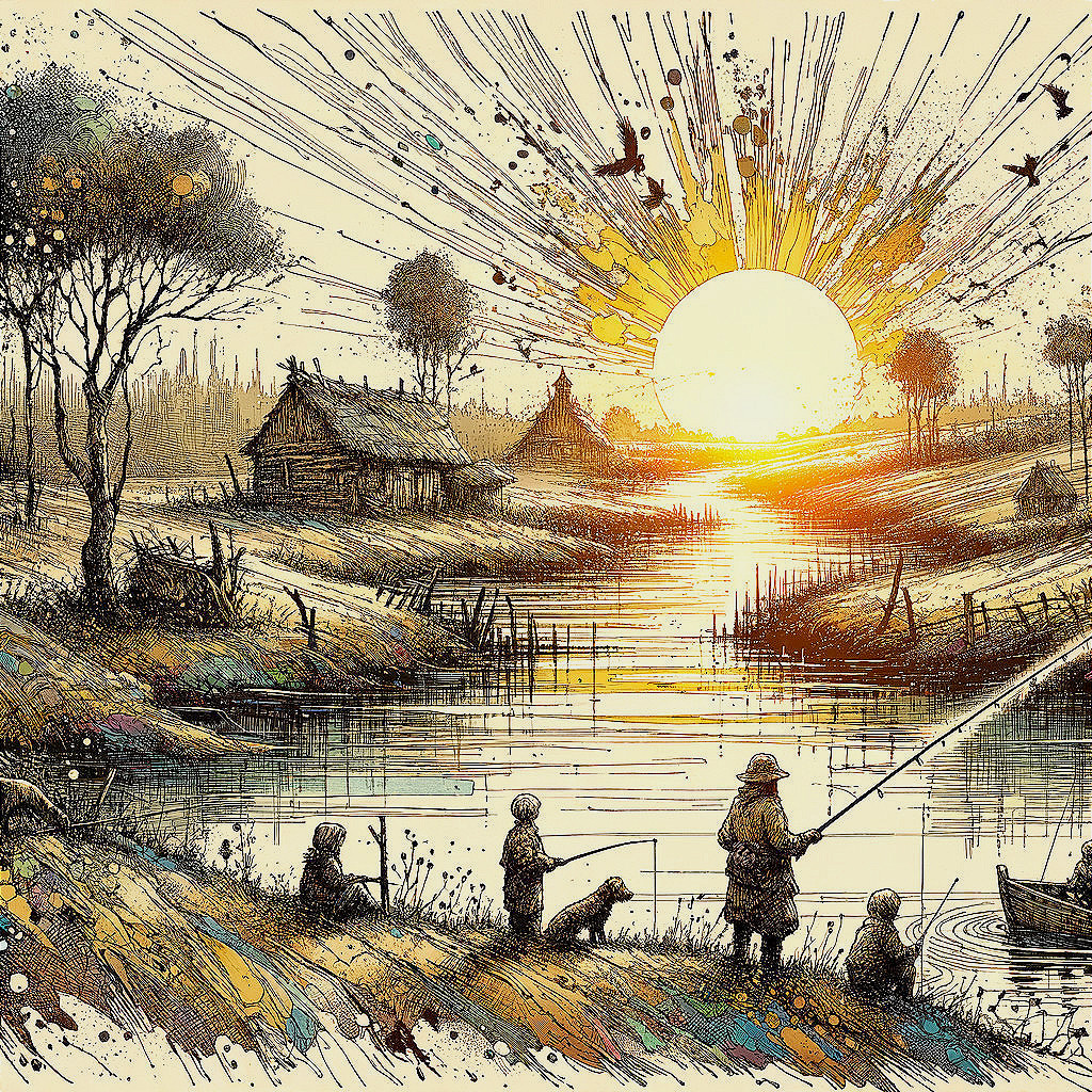 Tranquil Sunrise Landscape with River and Cottages