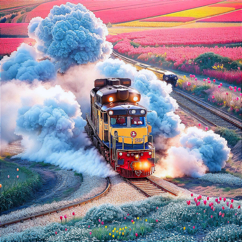 Vintage train with colorful smoke in a floral landscape