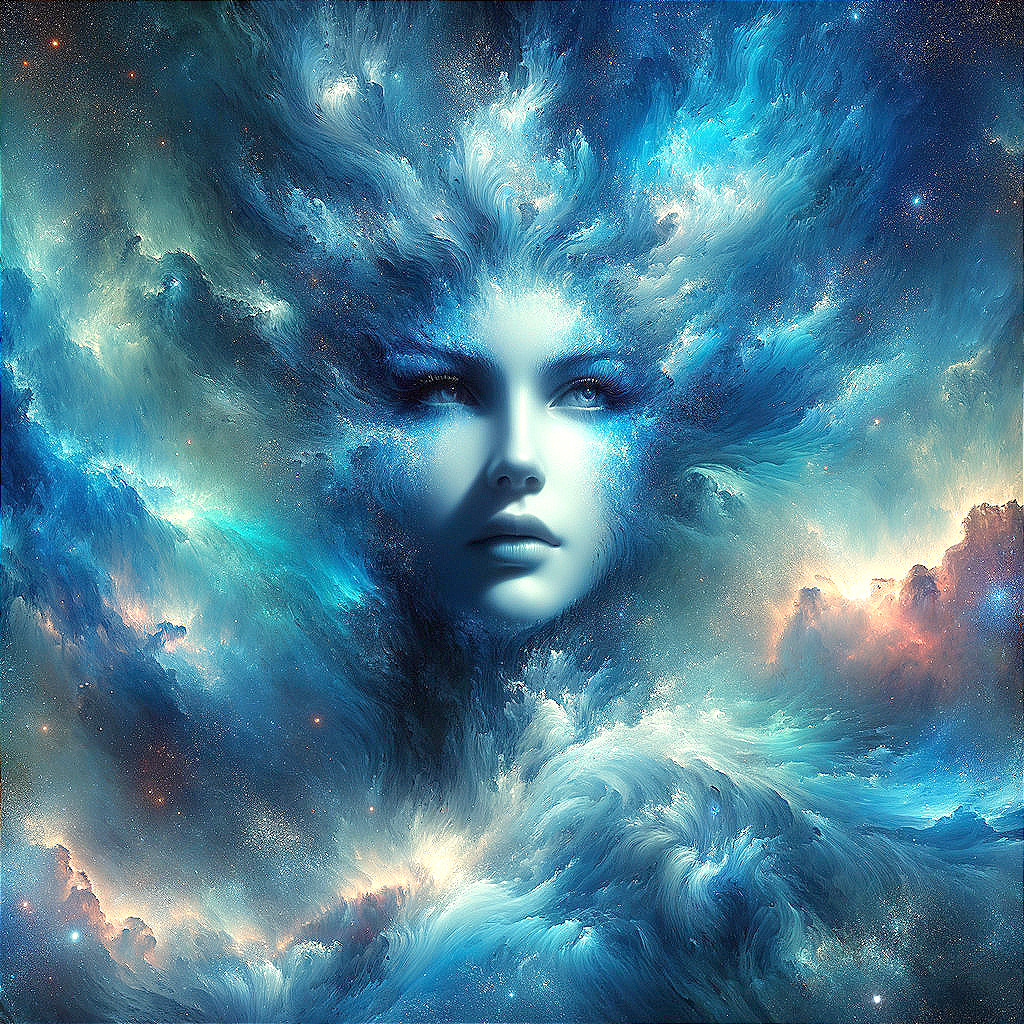 Surreal Celestial Figure in Cosmic Galaxy Clouds