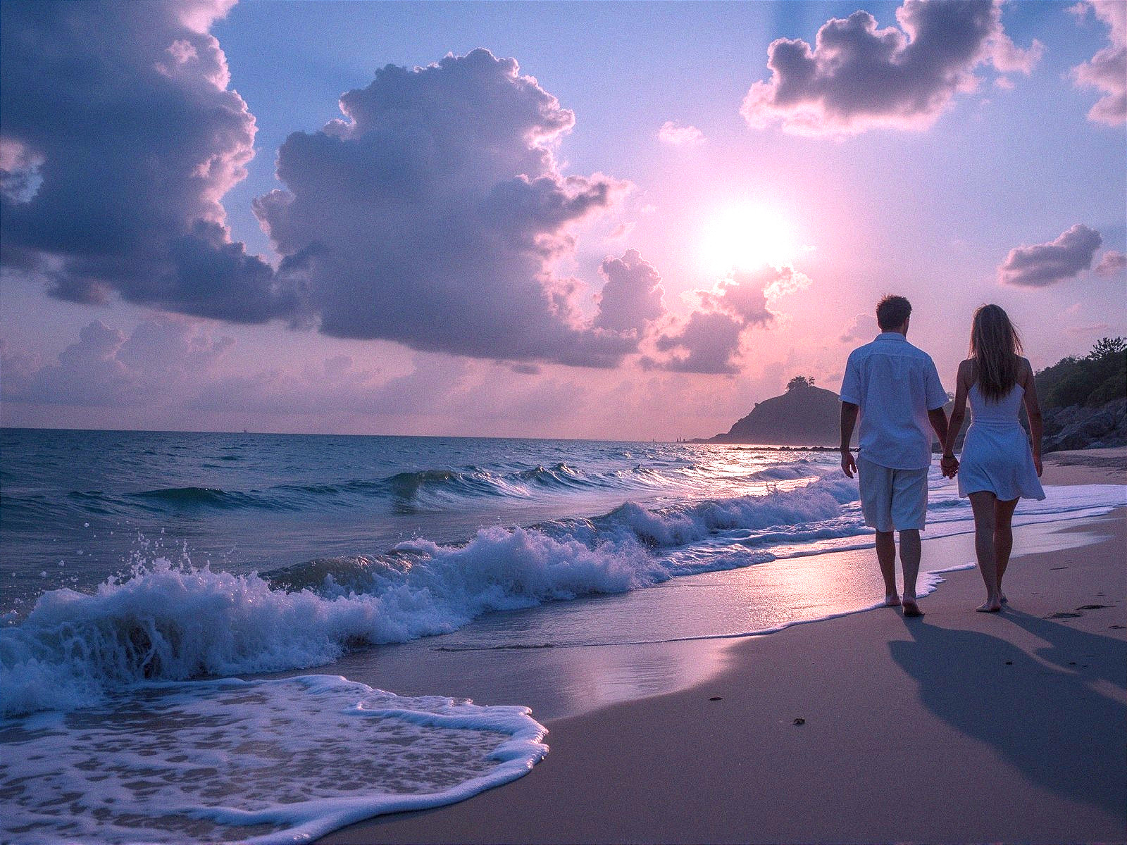 Couple Walking on Beach at Sunset with Soft Waves