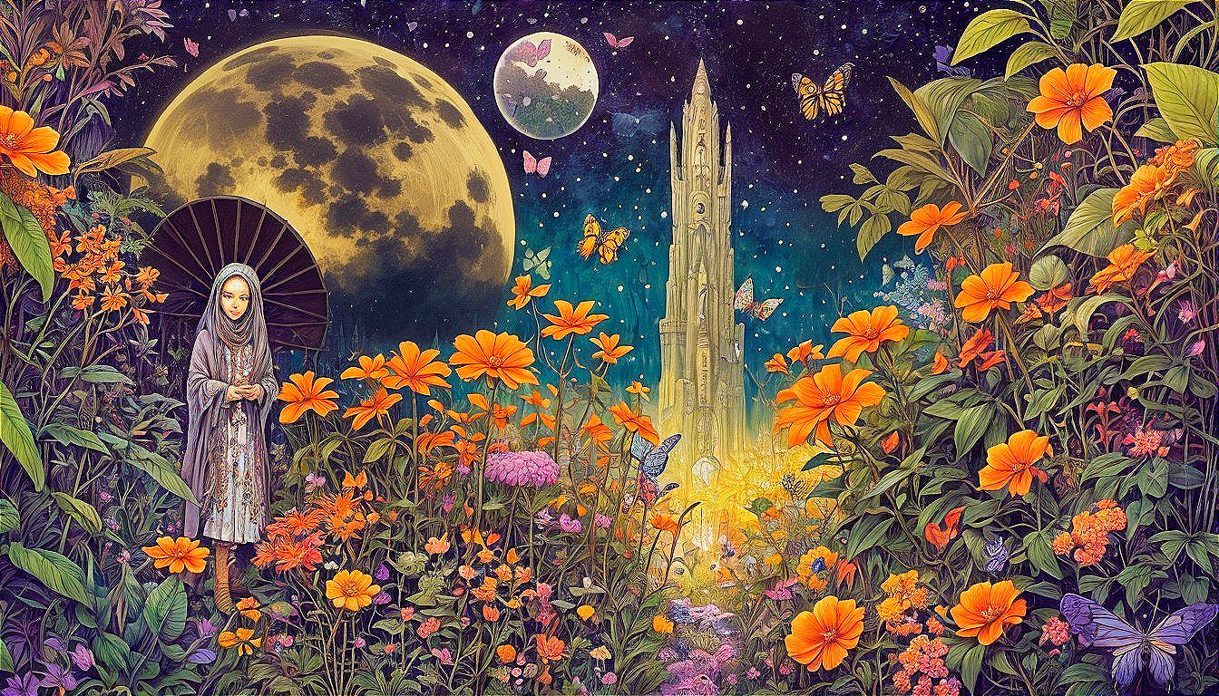 Whimsical Garden Scene with Moon and Butterflies