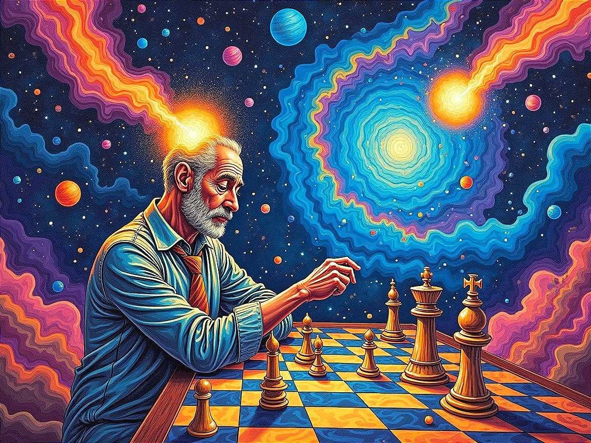 Elderly Man Playing Chess Against Cosmic Backdrop