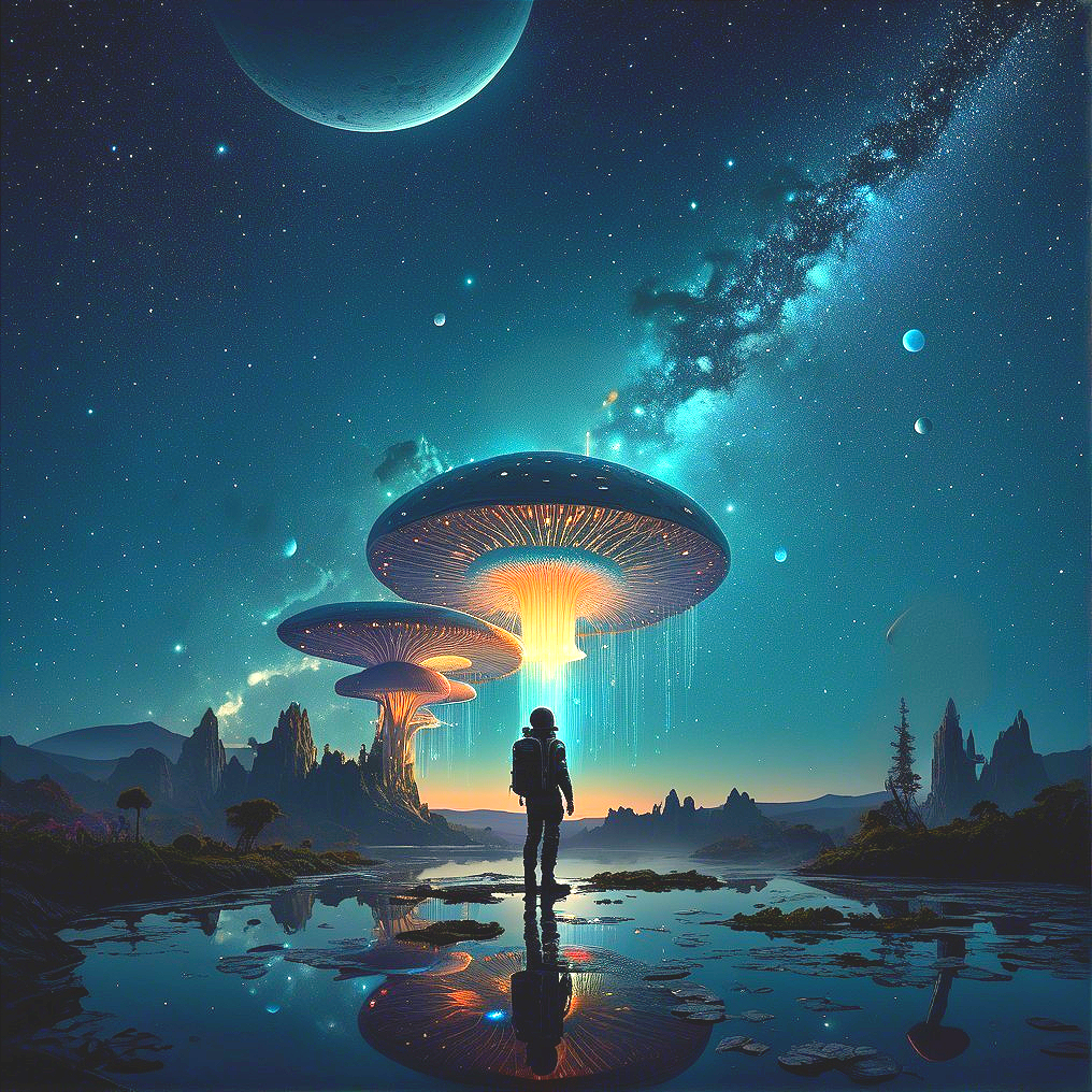 Astronaut by Reflective Lake Under Starry Sky
