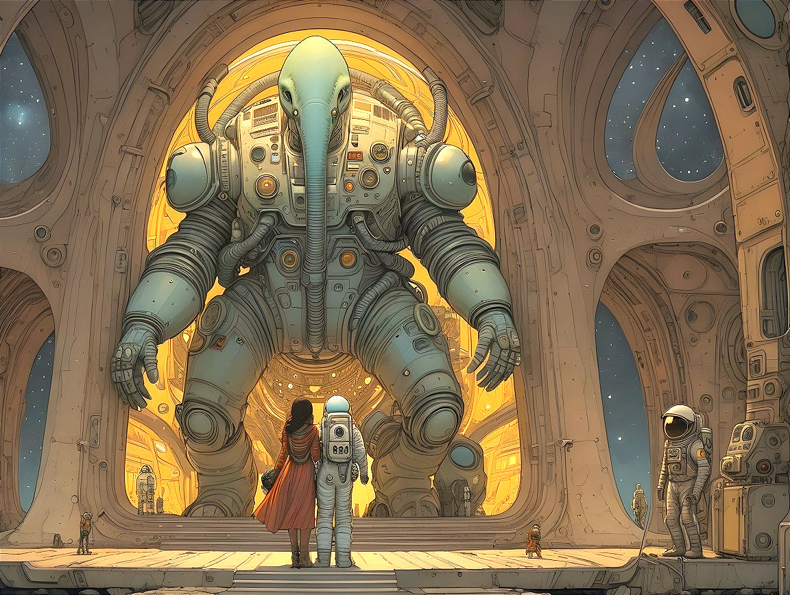 Colossal Robotic Elephant in Futuristic Landscape