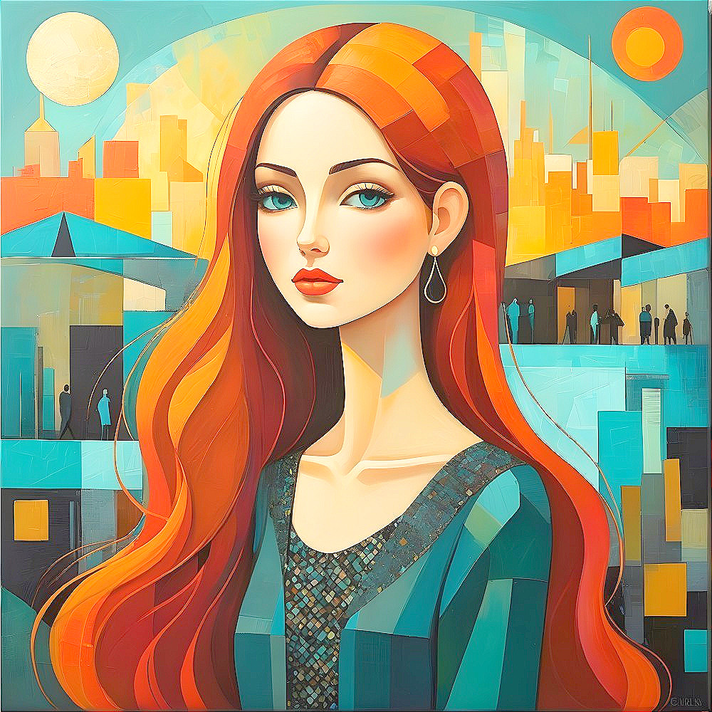 Stylized Portrait of a Woman with Red Hair and Blue Eyes